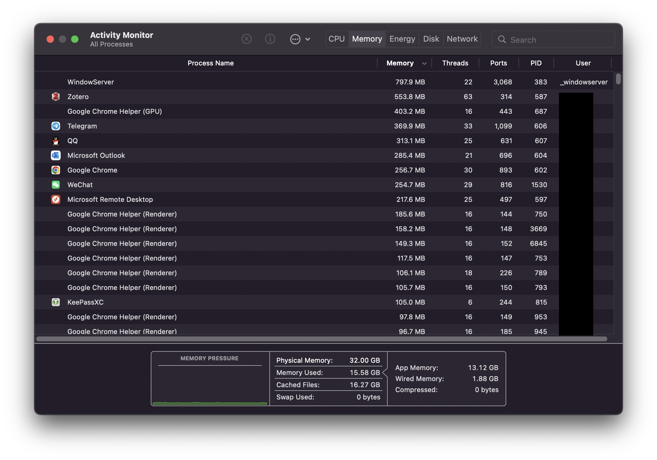 macOS Activity Monitor 显示的内存占用统计截图'macOS Activity Monitor 显示的内存占用统计截图